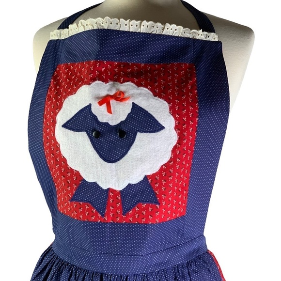 Vintage 90’s Handmade White Fuzzy Sheep Bib Apron Red Gingham Check Ruffle Med. - Picture 3 of 8